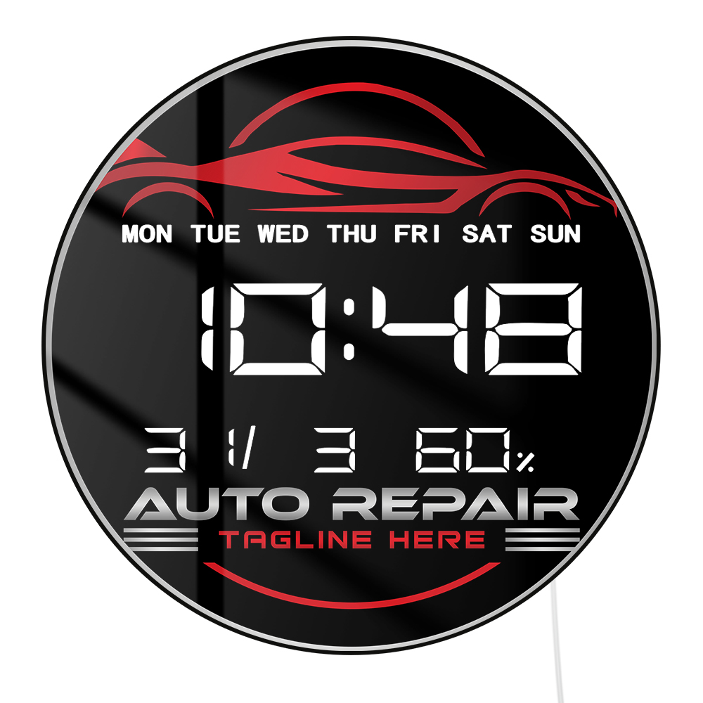 Electronics Repair Garage - นาฬิกาแขวนผนังดิจิตอล LED สำหรับอู่ซ่อมรถยนต์ พร้อมปฏิทิน แสดงอุณหภูมิ ปรับความสว่างอัตโนมัติ
